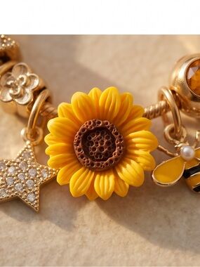 Gold Sunflower & Honeybee Charm Bracelet w/Daisy & Heartlock Charms